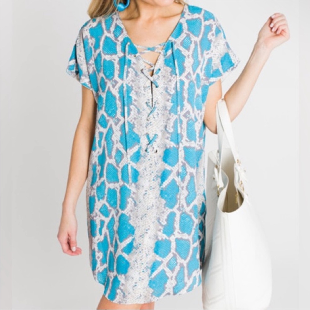 ☀️ Buddy Love Blue Snakeskin Print Lace Up Dress
